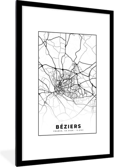 Fotolijst incl. Poster Zwart Wit- Kaart - Frankrijk - Béziers - Stadskaart - Plattegrond - Zwart wit - 80x120 cm - Posterlijst