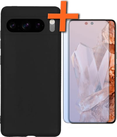 Hoes - Met Screenprotector - Geschikt voor Google Pixel 8 Pro - Sterk & Shockproof - Back Cover - Siliconen Case - Telefoon Hoes - Zwart