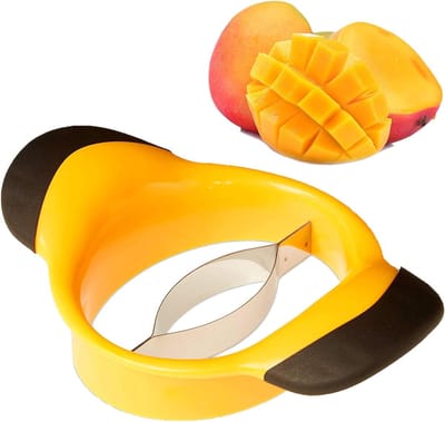 Mango snijder van roestvrij staal, ideaal voor het delen en ontpitten van mango's, geel en handig in gebruik