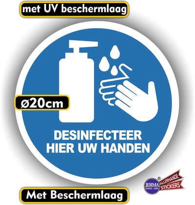 Jerma - Desinfecteer uw handen - Sticker - Ø 20 cm - Weerbestendig - Zelfklevend - Krasbestendig