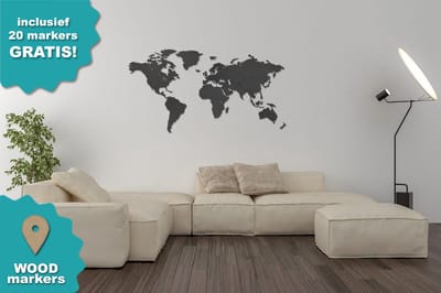 Linescapes Houten Wereldkaart BUDGET ZWART - Met marker pins voor aan de muur