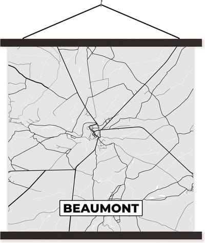 Posterhanger incl. Poster 60x60 cm - Schoolplaat - Stadskaart – Plattegrond – België – Zwart Wit – Beaumont – Kaart - Textielposter - Zwarte latten - Stadskaart