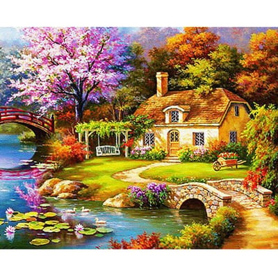 Cross Stitch Kit DIY Diamond borduurwerk rivier huis volledige ronde Diamond schilderij mozaïek Home Decor 20X30CM black