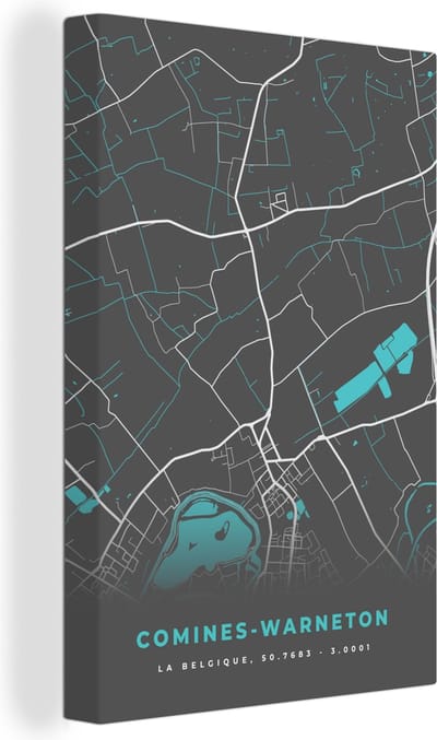 Canvas Schilderij Plattegrond – Comines Warneton – Blauw – Stadskaart - Kaart - 20x30 cm - Wanddecoratie