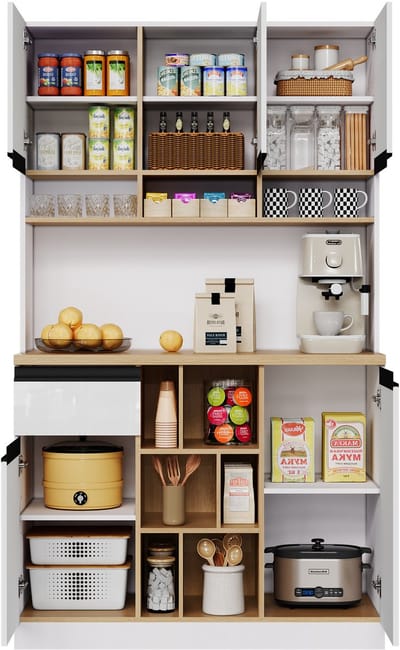 Witte moderne keukenkast - Buffetkast met hoogglans deuren en lades - Praktische open opbergruimte - Voor keuken en eetkamer - 105x45x185 cm Wit