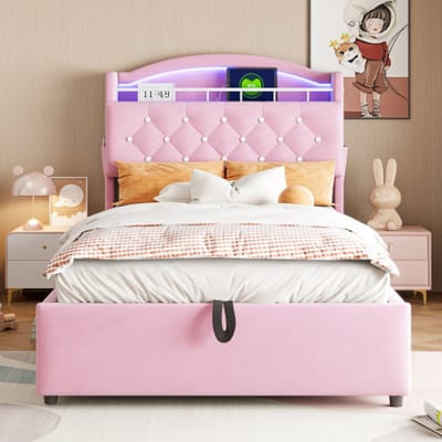 Gestoffeerd Kinderbed 90x200 cm, Fluwelen Eenpersoonsbed met Multifunctionele Opbergruimte, LED-verlichting en USB-poort – Roze