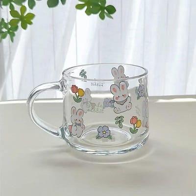 Glazen Mok 350ml Cartoon Thuis Kantoor Ins Koffiekop met Rietje Kop met Deksel en Lepel Hoge Temperatuur Geroosterde Bloem Drinkbekers 350ml