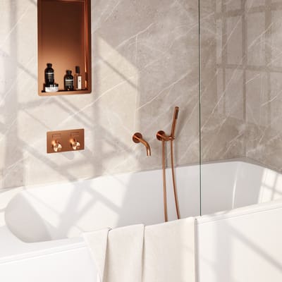 Brauer Copper Edition thermostatische inbouw badkraan met drukknoppen SET 03 met uitloop en staaf handdouche en doucheslang en wandaansluitbocht koper geborsteld PVD
