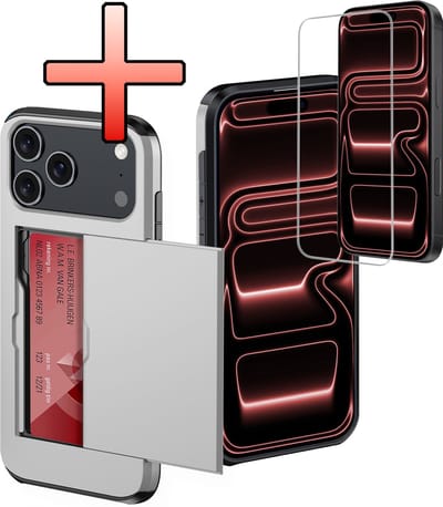 Hoes Geschikt voor iPhone 17 Pro Hoesje Pasjeshouder Hard Cover Met Screenprotector Shock Proof Hard Case Hoes Met Kaarthouder - Grijs