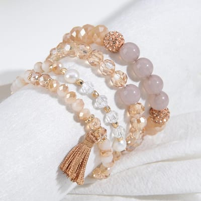 4 pièces Bracelet Bohème Vintage Extensible à Fil avec Perles Superposées et Pompons pour Femmes beige