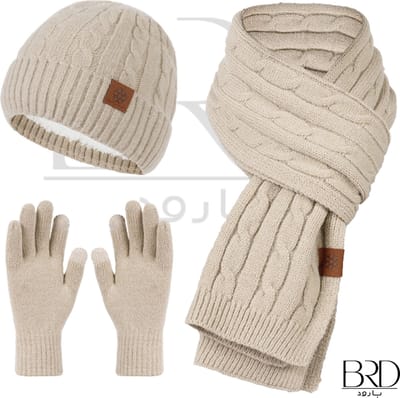 BRD® Winter | Drie delig Winter set voor volwassenen Beige - gevoerde muts, sjaal en handschoenenwinterset unisex voor dames en heren 3 delig gebreid offwhite wit ivoor sneeuw