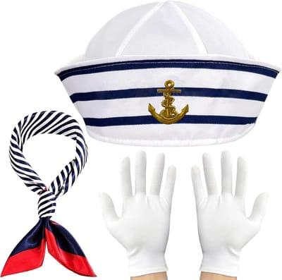 Maritiem Kostuum Set met Blauwe en Witte Gestreepte Matrozenhoed, Zijden Sjaals en Handschoenen, Perfect voor Verkleedpartijen, Carnavals en Theatrale Optredens