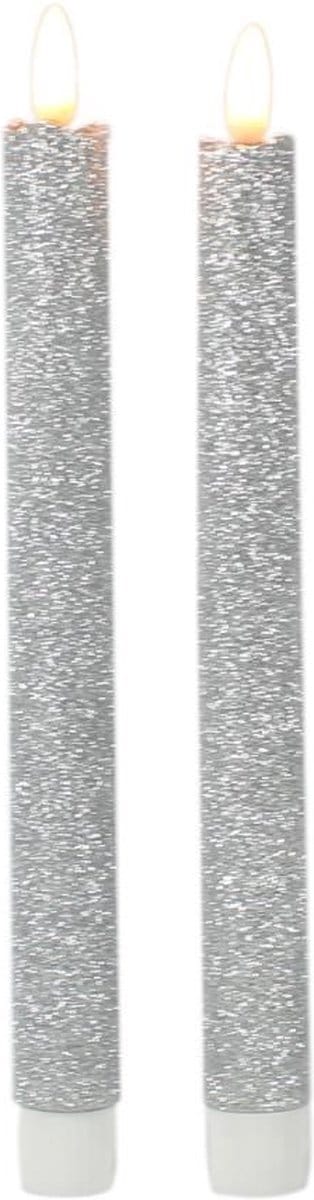 Magic Flame Dinerkaarsen - LED - 6x stuks - zilver - 25 cm - met glitters - Woondecoratie - Elektrische kaarsen - warm wit