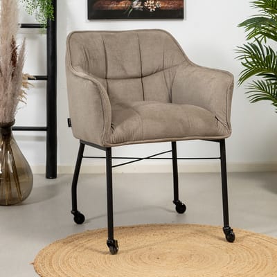 Bronx71® Eetkamerstoel met wieltjes Mace ribstof taupe - stoel