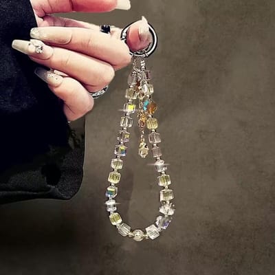 Lanière de Téléphone Portable en Perles de Cristal de Luxe Chaîne à Main Cordelette Courte pour Poignet avec Clip pour Coque de Téléphone Porte-Clés Pendentif de Sac blanc
