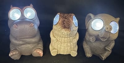 Polyresin solarlampen "Nijlpaard/Krokodil en olifant" - Set van 3 stuks - met 2 LEDs - Staand model - hoogte 10 x 9 x 7 cm - Tuindecoratie - Tuinverlichting