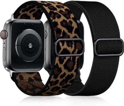 Elastic Geschikt voor Apple Watch band 42/44/45/49MM, verstelbare zachte nylon band Geschikt voor iWatch Series 10 9 8 7 6 5 4 3 2 1 SE Ultra Female Male, Black/Leopard
