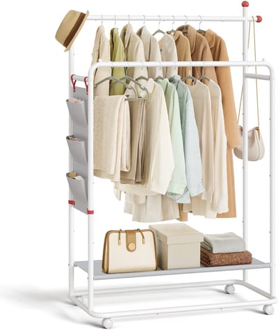 SONGMICS HOME - Kledingrek - Kledingrek op wieltjes - 2 Kledingstangen - Met Organizer en Haken