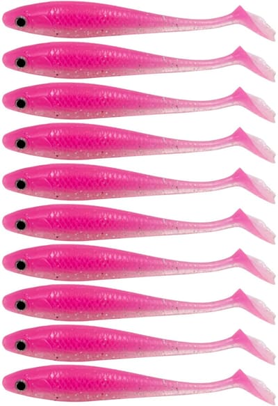 S&D | Shad Set 10 Stuks – 6.5cm / 2g – Roze – Realistisch Kunstaas met Glitters & Schubbenpatroon – Voor Snoek, Baars & Roofvis