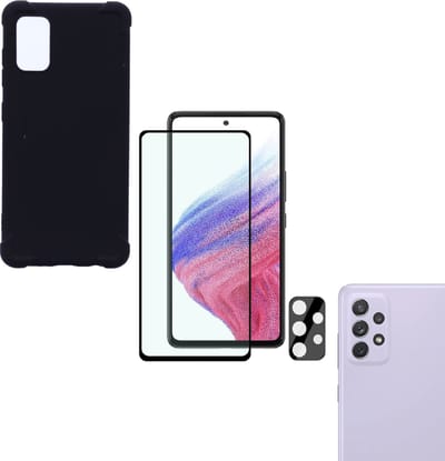 Anti-Schok Siliconen Hoesje Back Cover zwart + Display Full Tempered Glass Screen Protector  + Camera lens Beschermer zwart Geschikt voor: Samsung Galaxy A73 5G