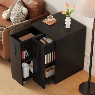 DESMIU Opbergkast - Mobiel Met Uittrekbare Zijmodules En Open Vakken - Voor Bureau Slaapkamer En Woonkamer - Spaanplaat - 52x50x75 Cm - Zwart