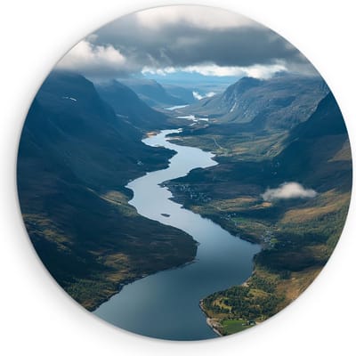 Saammp Muurcirkel Hout - Natuur - fjorden - noorwegen - Bergachtig landschap - Ø 90 - Wandcirkel - Wanddecoratie Cirkel - Muurdecoratie Woonkamer - Slaapkamer decoratie - Rond Schilderij