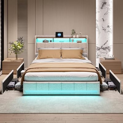 Bedframe 140 x 200 cm met LED-verlichting, USB-oplaadpunten en 4 opbergladen