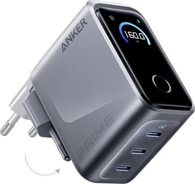 Anker Prime Oplader, 160W 3-Poorts Compacte USB-C GaN Oplader, Slim Display en Touch Control, Ultrasnelle 140W Enkele-Poort Oplading voor Laptop