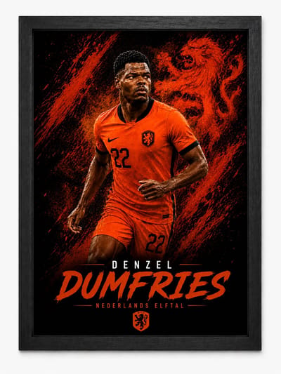 Denzel Dumfries Nederland Poster KNVB Inclusief Zwarte A4 Lijst | Voetbal Wanddecoratie Oranje Fans