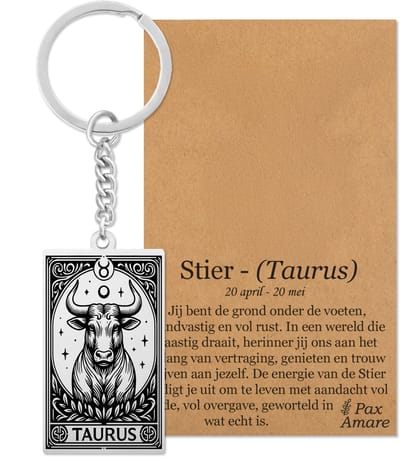 Sterrenbeeld Stier (Taurus) Sleutelhanger Zilverkleurig - Zodiac in de stijl van Rider-Waite Tarot - Roestvrij Staal / Stainless Steel - Pax Amare