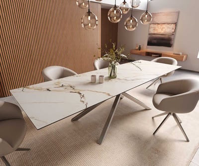 Eetkamertafel Edge keramiek Calacatta Luxe wit-goud-grijs 300x100 kruisframe rechthoek RVS