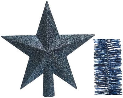 Kerstversiering kunststof glitter ster piek 19 cm en folieslingers pakket donkerblauw van 3x stuks - Kerstboomversiering