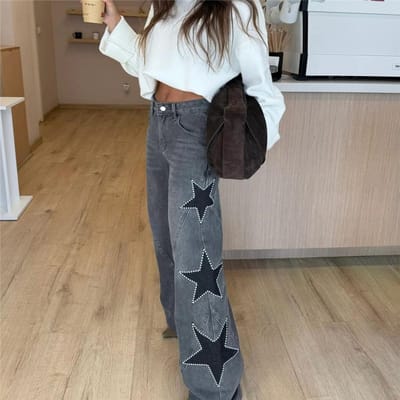 Nouveau Jean Décontracté Fashion pour Femme, Coupe Droite Ample, Étoile à Cinq Branches XL noir