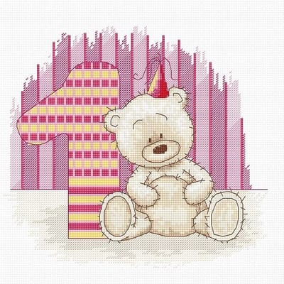 Luca-S - Borduurpakket - Beer 1 jaar - roze - 19 x 17 cm - aida - B1088