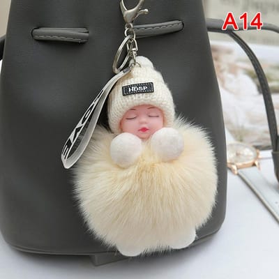 Pompom Slapende Baby Sleutelhanger Schattige Pluizige Pluche Pop Sleutelhouder Vrouwen Meisjes Tassen Sleutelhangers Auto's Sleutelring Cadeau Charmante Decoratie gray
