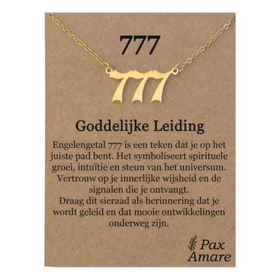777 Engelen Getal Ketting op Cadeau Kaartje - Goudkleurig - Stainless Steel Spirituele Hanger - 45cm + 5cm verstelbaar - Pax Amare