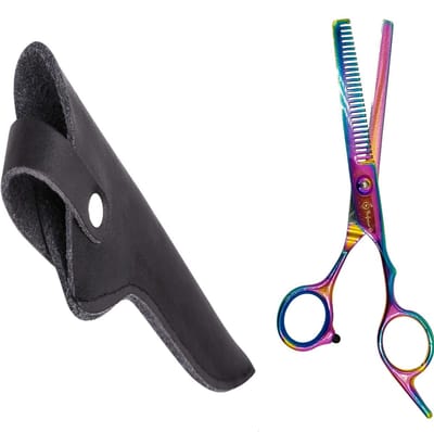 Professor Q – Professionele Effileerschaar voor Hondenvacht – Uitdunschaar – RVS – Rechtshandig – Regenboog + Luxe Lederen Etui – 16,5 cm – Zwart