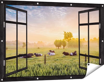 Gards Tuinposter Doorkijk Koeien in de Wei tijdens Zonsopgang - 120x80 cm - Tuindoek - Tuindecoratie - Wanddecoratie buiten - Tuinschilderij
