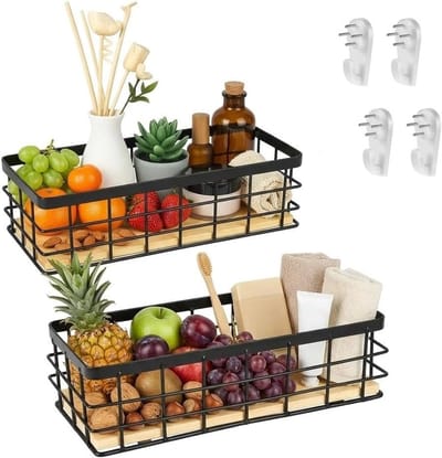 metalen mand, opbergmanden, houten sokkel, geschikt voor woonkamer, keuken en badkamer, zwart, 2 stuks