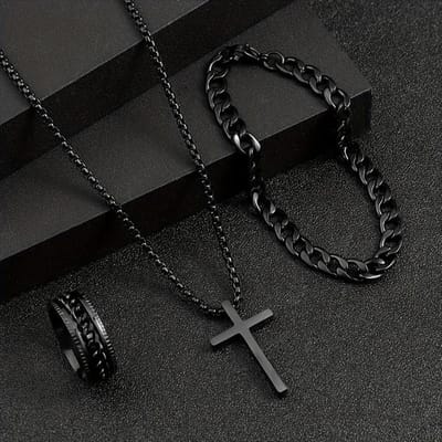 3-delige Klassieke Legering Sieradenset Modieuze Kruis Hanger Ketting Armband en Ring Ideaal voor Alle Seizoenen en Diverse Gelegenheden 3pcs black