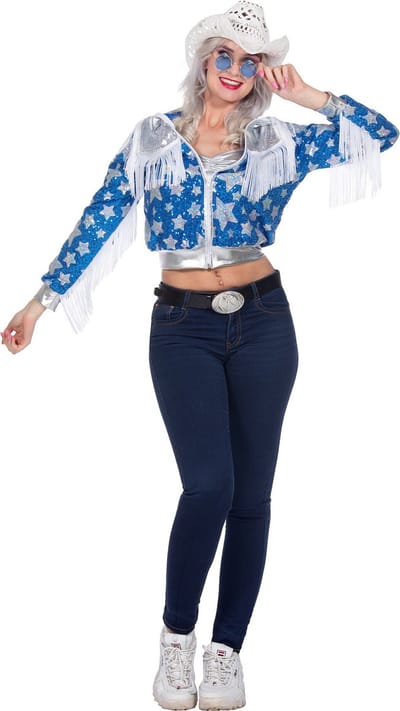 Glamorous Cowgirl Pailletten Jasje Sterren Vrouwen Blauw - Maat XL