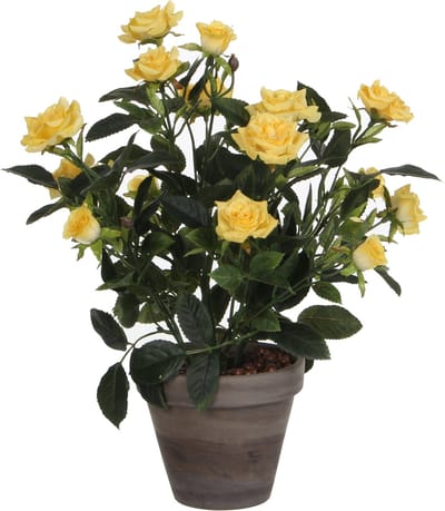 Mica Decorations Kunstplant - rozen - geel - grijze pot - 33 cm - kunst roos