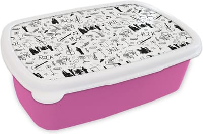 Broodtrommel Roze - Lunchbox - Brooddoos - Muziek - Patronen - Zwart Wit - 18x12x6 cm - Kinderen - Meisje