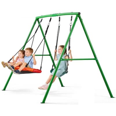 VEVOR tuinschommel met A-frame metalen onderstel, dubbele schommel (1 schotelschommel & 1 bandenschommel), draagvermogen tot 199,6 kg, buitenschommelset, verstevigd met spiraalvormige grondankers.