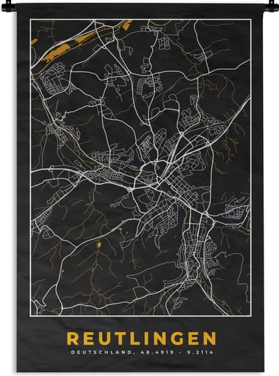 Wandkleed - Wanddoek - Reutlingen - Goud - Stadskaart - Kaart - Plattegrond - Duitsland - 120x180 cm - Wandtapijt