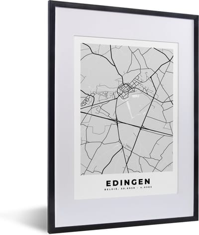 Fotolijst incl. Poster Zwart Wit- België – Edingen – Stadskaart – Kaart – Zwart Wit – Plattegrond - 30x40 cm - Posterlijst