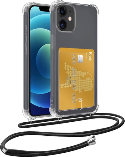 Hoesje Geschikt voor iPhone 12 Hoesje Met Telefoonkoord en Pasjeshouder Siliconen - Hoes Geschikt voor iPhone 12 Hoesje Met Kaarthouder Shock Proof Case - Transparant