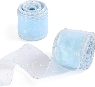 Lichtblauw Organza Lint met Sparkly Sterrenpatroon voor Decoratie, Cadeauverpakking en Strikken - 10 Yards
