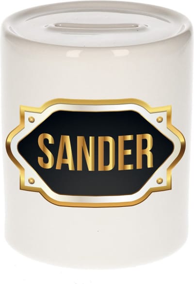 Spaarpot met voornaam Sander - wit - met goud/zwart embleem - 8 x 9 cm - keramiek - met afsluitdop - cadeau verjaardag