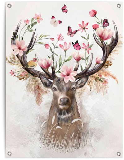 Tuinposter Hert in Bloemen - 80 x 60 - Canvas - REINDERS